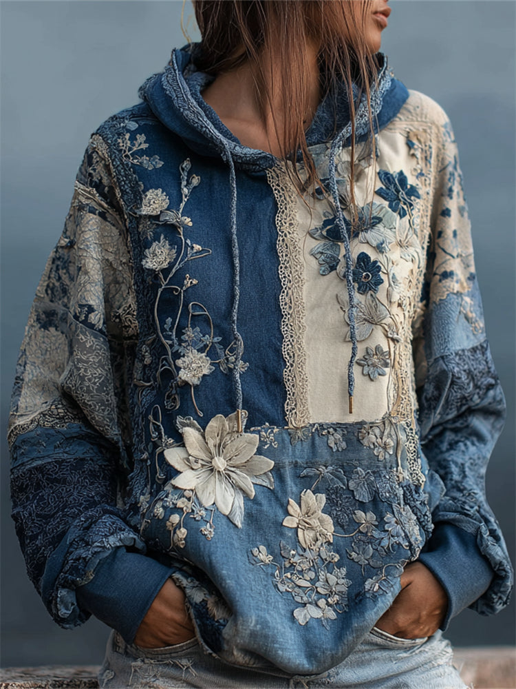 Vintage Flowers Lace Fiber Art Patchwork Hoodie elevenforest
