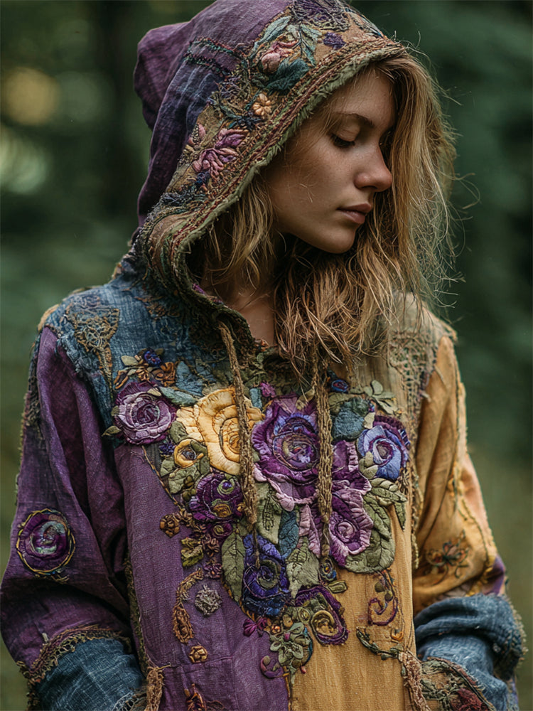 Boho Flowers Embroidered Colorblock Stitched Hoodie elevenforest