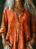 Women's Bohemian Floral Art Print Casual Cotton Linen Shirt