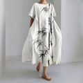 Comstylish Women's Japanese Art Ink Wash Painting Print Crew Neck Midi Dress