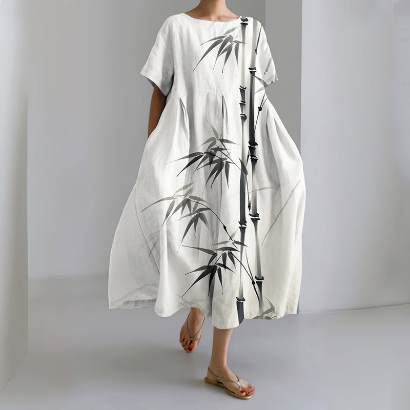 Comstylish Women's Japanese Art Ink Wash Painting Print Crew Neck Midi Dress