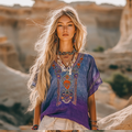 Vintage Bohemian Ethnic Gradient Linen Art Print Short Sleeve V-neck Shirt elevenforest