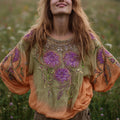 Ladies' Mandala Flower Embroidery And Tie-dye Vintage Round-neck Long-sleeve Shirt elevenforest