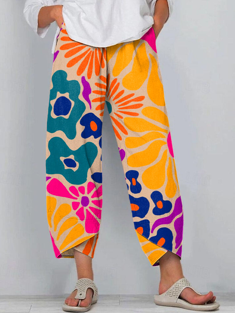 Women's Abstract Art Floral Print Linen Blend Pants elevenforest