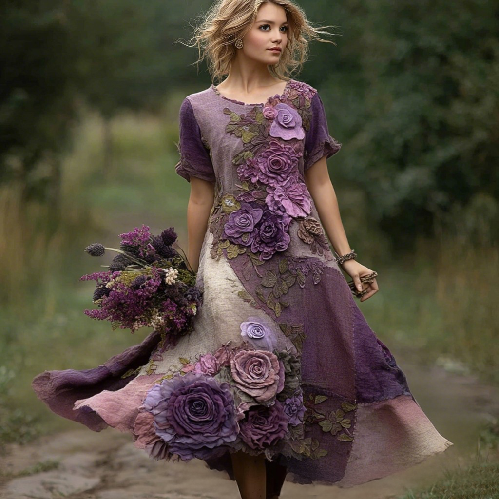 Classy Purple Patchwork And Floral Embroidered Art Linen Maxi Dress elevenforest