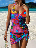 Colorful Flowers Print Pleated Drawstring V-neck Tankini Pantskirt Set Swimsuit