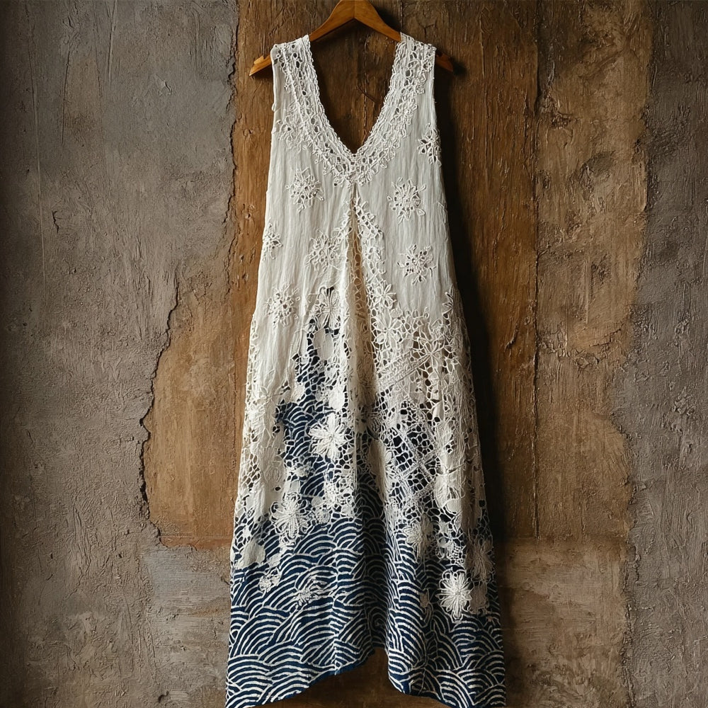 Japanese Waves Patchwork Hollow Floral Lace Maxi Tank Dress elevenforest