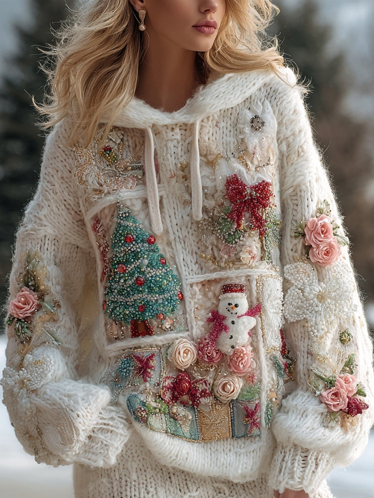 Cute Christmas Inspired Patchwork Cozy Hooded Sweater artswardrobe