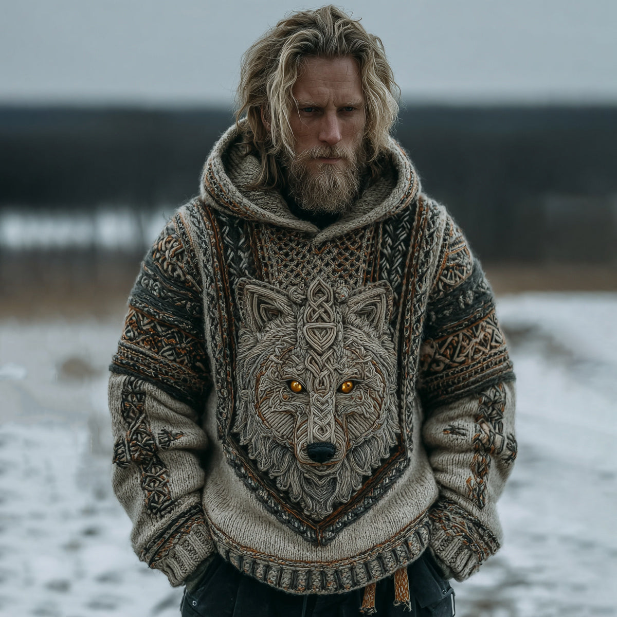 Men's Vintage Viking Celtic Knot Wolf Art Hooded Knit Sweater artswardrobe