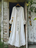 Vintage Floral Embroidered Lace Hem Linen Maxi Dress elevenforest