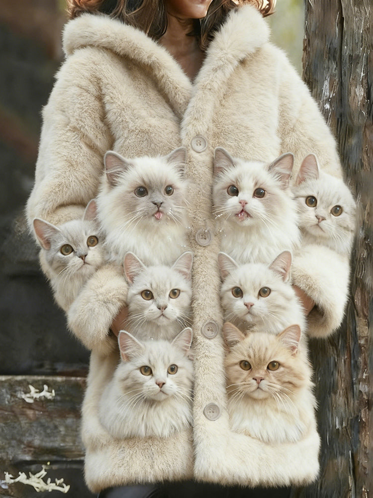 Comstylish Furry Tongue-out Kitten Warmth Hooded Cardigan