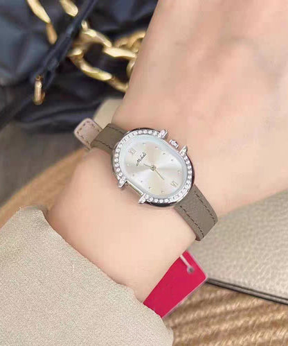 Modern Grey Leather Zircon Reinforced Glass Watches