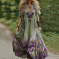 Vintage Green And Purple  Lavender Patchwork And Floral Embroidered Art Linen Maxi Dress elevenforest