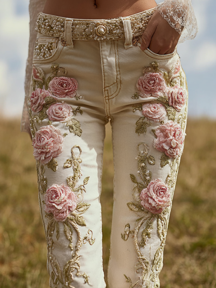 Bohemian Style Pink Rose Embroidery Pattern Women's Skinny Jeans elevenforest