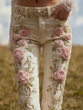 Bohemian Style Pink Rose Embroidery Pattern Women's Skinny Jeans elevenforest