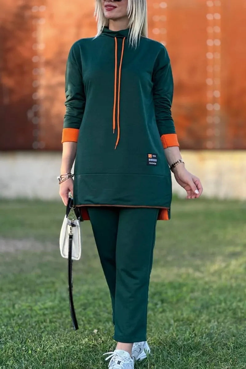 Long Contrast Color Sweatshirt Suit