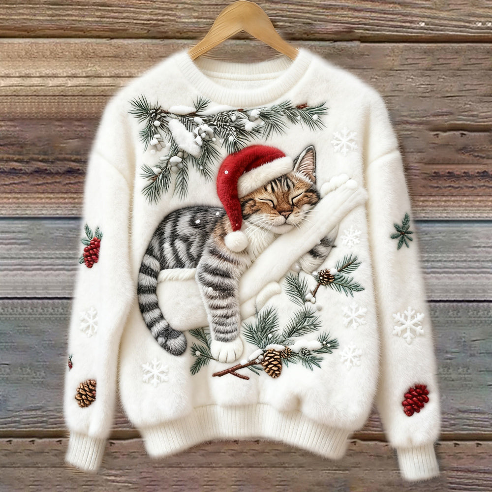 Christmas Lazy Cat Art Women's Cozy Plush Sweater artswardrobe