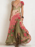 Vintage Pink Roses 3d Embroidered Patchwork Flowy Linen Maxi Dress elevenforest