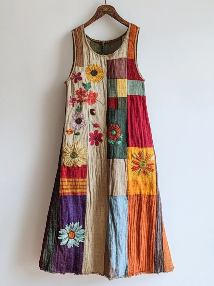 Colorful Patchwork Floral Embroidered Linen Blend Dress elevenforest