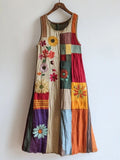 Colorful Patchwork Floral Embroidered Linen Blend Dress elevenforest