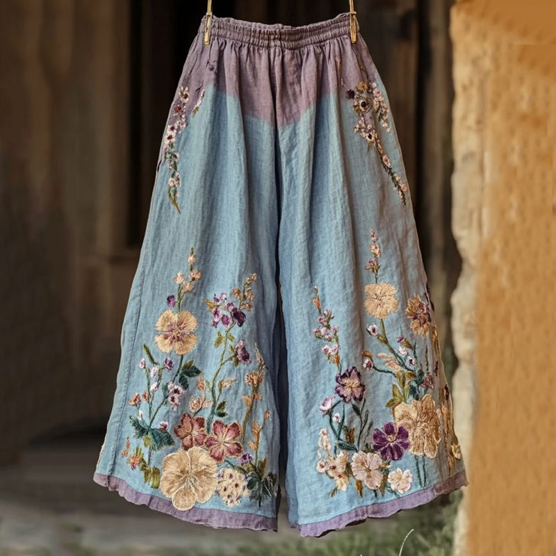 Vintage Floral Embroidered Art Casual Linen Pants elevenforest