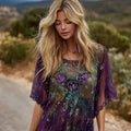 Women's Retro Purple Rose Pattern Gradient Short Sleeve T-shirt elevenforest