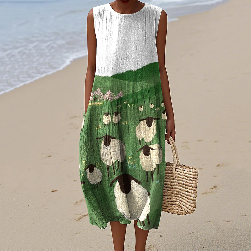 Women's Sheep Art Print Crew Neck Tank Midi Dress elevenforest