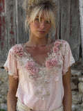 Vintage Pink Boho Roses Art V Neck Linen T Shirt elevenforest