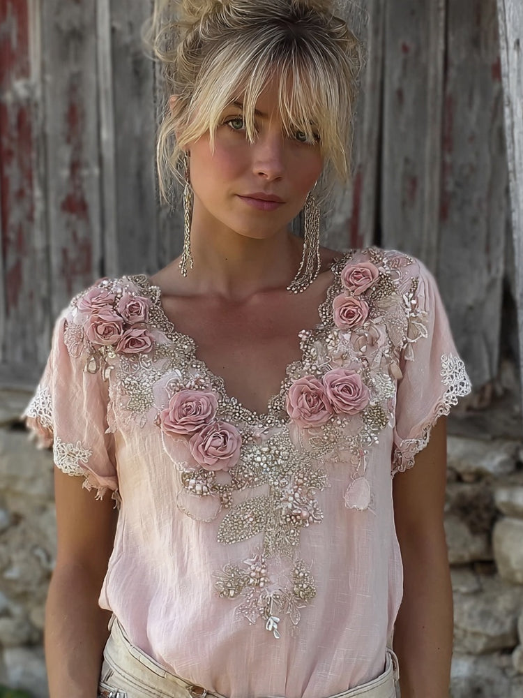 Vintage Pink Boho Roses Art V Neck Linen T Shirt elevenforest