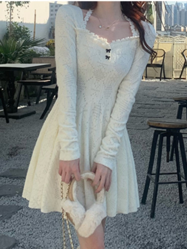 Autumn Winter Knitted Dress Long Sleeve A-line Korean Slim Female Birthday Party Prom Vestidos Mini Dresses