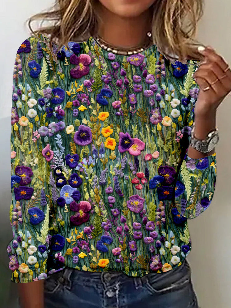 Comstylish Elegant Violet Wildflower Embroidery Art Comfy T Shirt