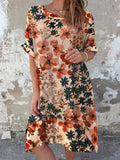 Women's Classic Floral Pattern Round Neck Cotton and Linen Dress
