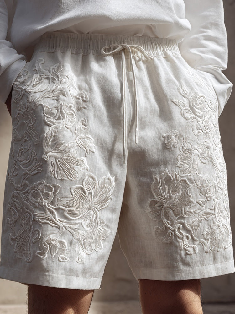 Men's Floral Lace Embroidered Comfy Linen Shorts elevenforest