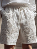 Men's Floral Lace Embroidered Comfy Linen Shorts elevenforest