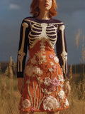 Women's Halloween Warm Tone Skull Rose Embroidered Dress elevenforest