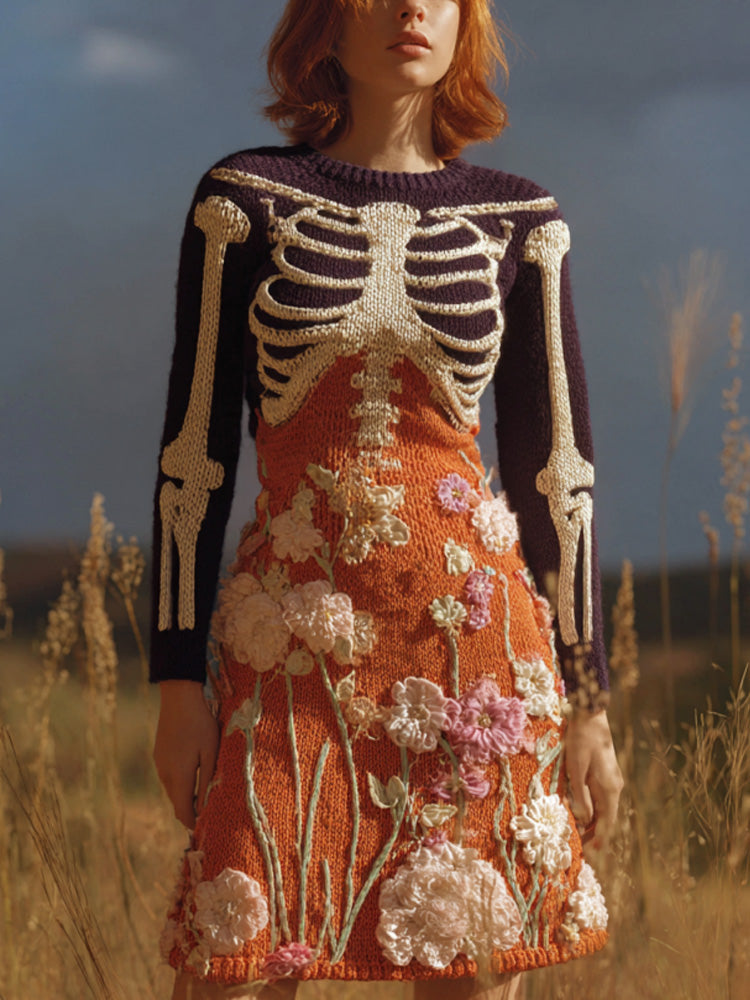 Women's Halloween Warm Tone Skull Rose Embroidered Dress elevenforest