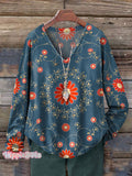 Women's Vintage Floral Art Print 100% Cotton Casual V-neck Long Sleeve