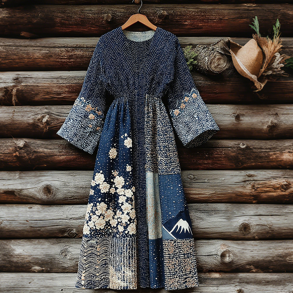 Women's Vintage Japanese Floral And Mount Fuji Art Pattern Linen Blend Dress elevenforest