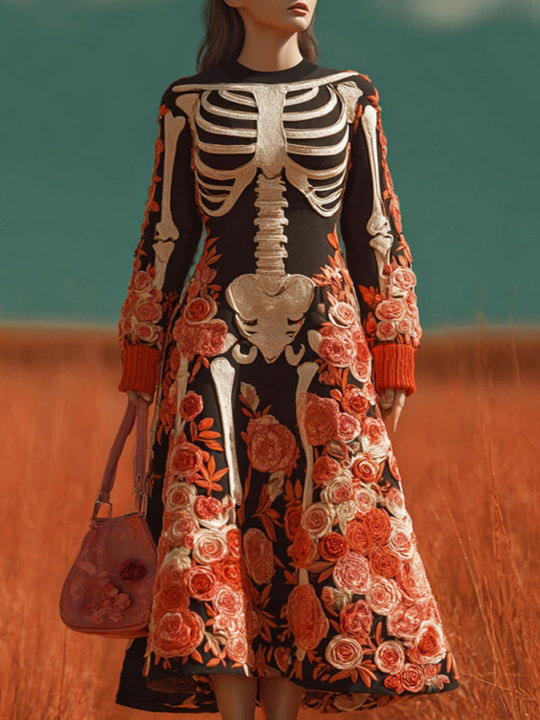 Women's Halloween Warm Tone Skull Rose Embroidered Dress elevenforest