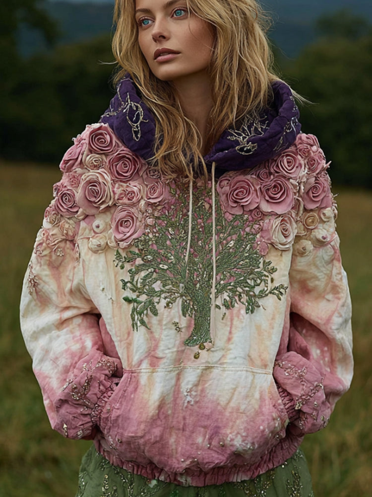 Women's Plant Embroidery Tie-dye Patchwork Color Hooded Sweater elevenforest