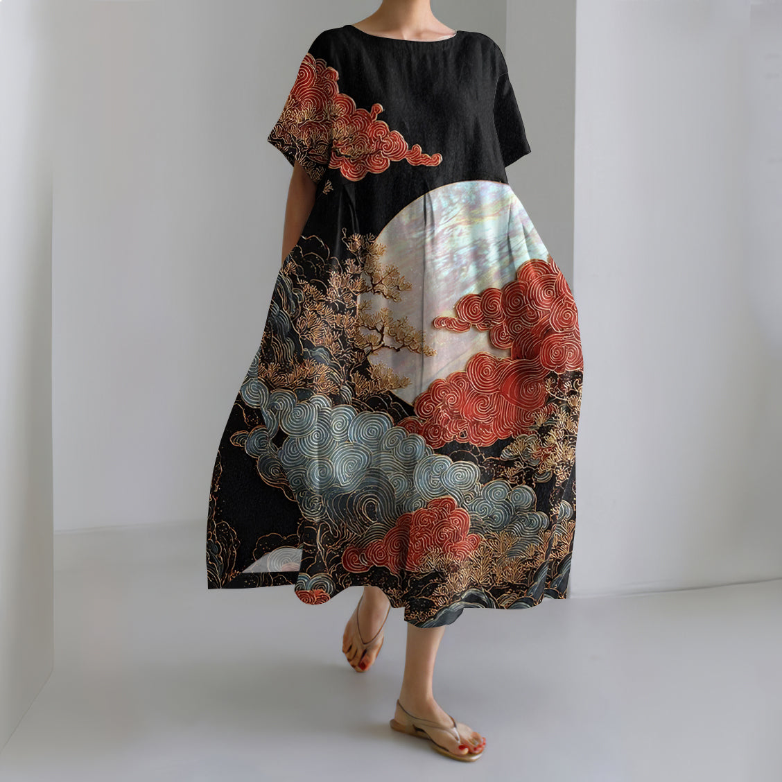 Comstylish Women's Japanese Art Print Short Sleeve Crew Neck Midi Dress