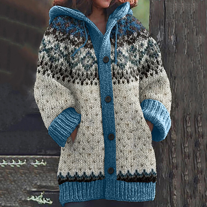Retro Geometry Contrast Jacquard Button Cozy Sweater elevenforest