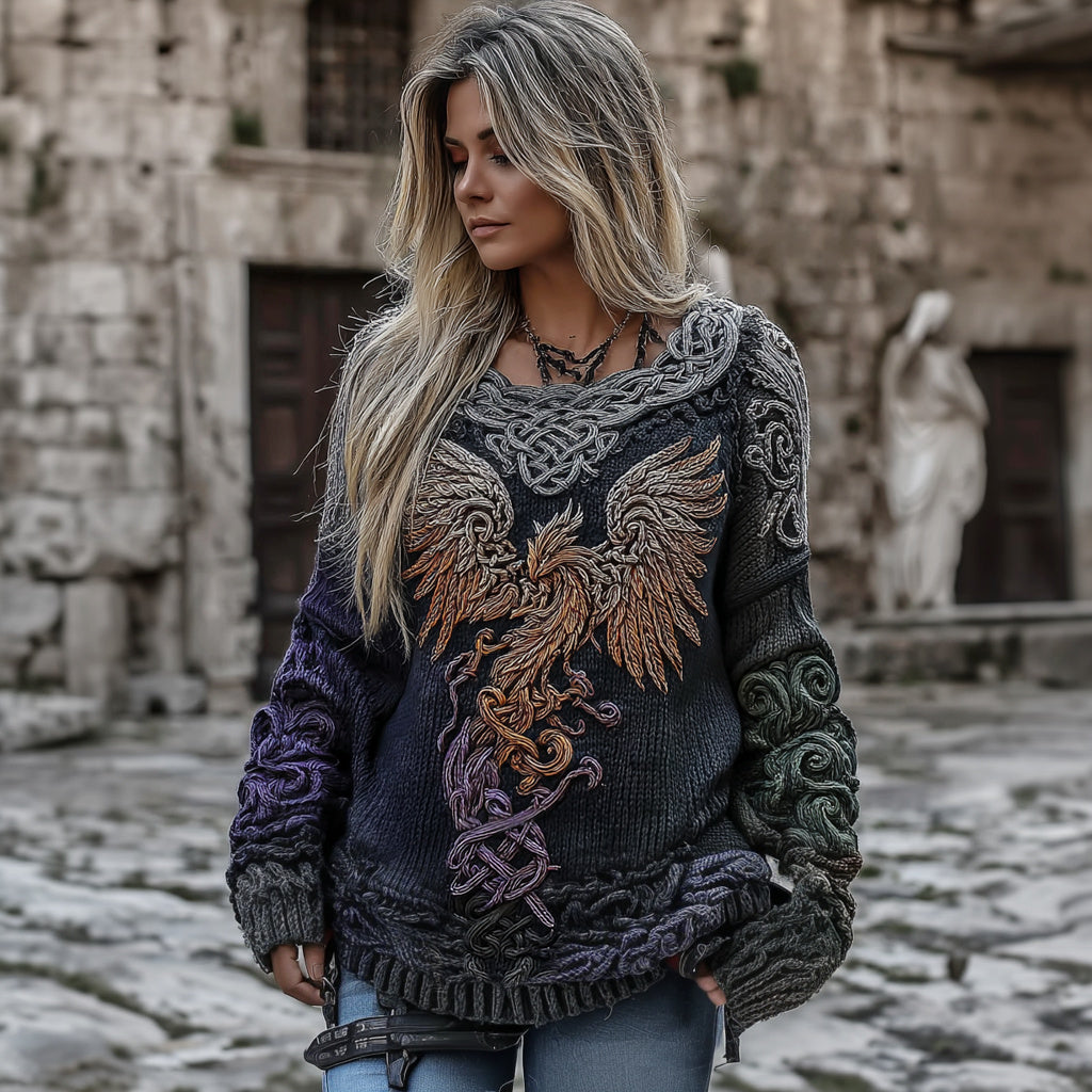 Women's Mythical Phoenix Embroidered Celtic Knot Cozy Warm Sweater elevenforest