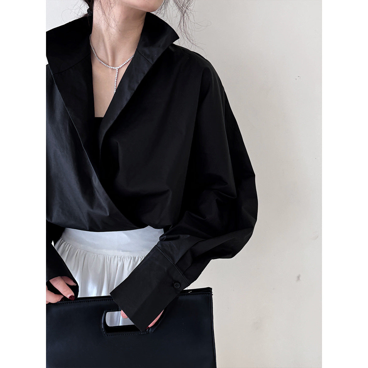 Profile Bandage Dress Stand Collar Deep V Plunge White Shirt Lazy Batwing Sleeve Large Version Blouse