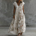 Women's Vintage Floral Embroidery Art And Patchwork V Neck Maxi Dress elevenforest
