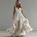 Women's Vintage White Rose Embroidery Art V-neck Suspender Maxi Dress elevenforest