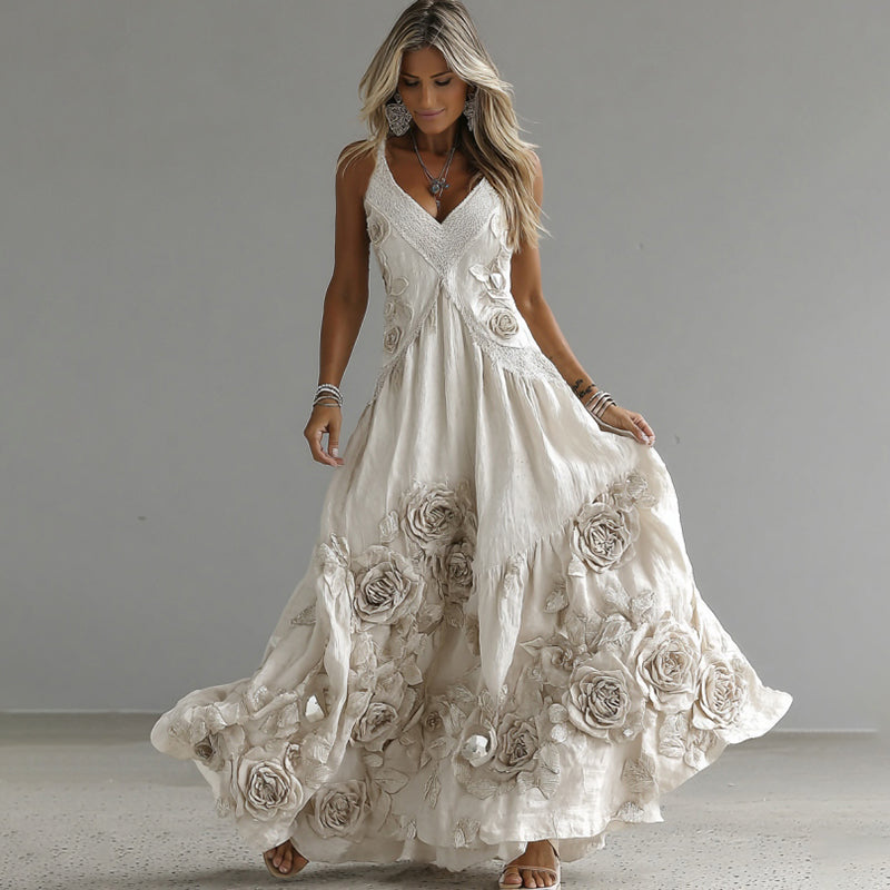 Women's Vintage White Rose Embroidery Art V-neck Suspender Maxi Dress elevenforest