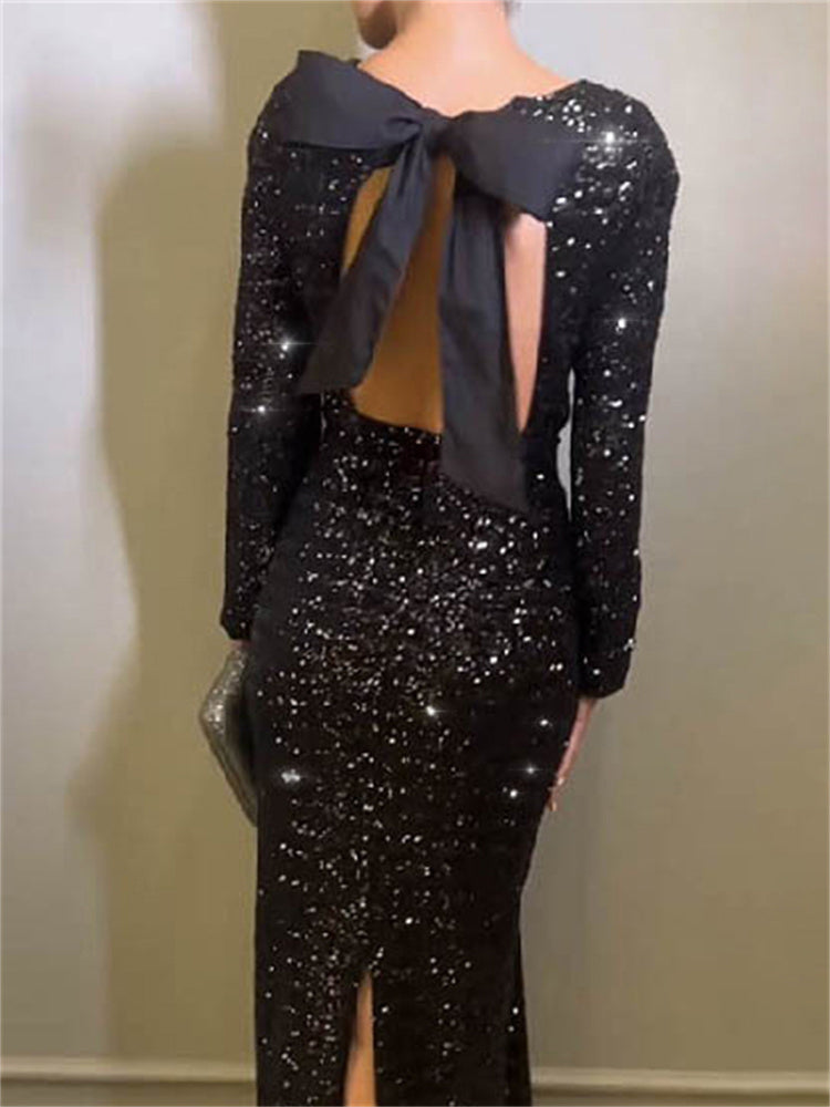 Tossy Tee Bow Sequin Slim Maxi Dress for Backless Split Glitter Club Party Dress Long Sleeve Dress