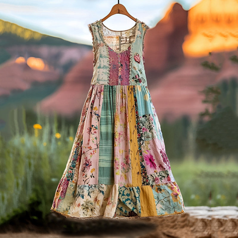 Women's Vintage Floral Applique Art Sleeveless Dress elevenforest