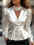 Comstylish Elegant White Satin Fitted Waist Blouse